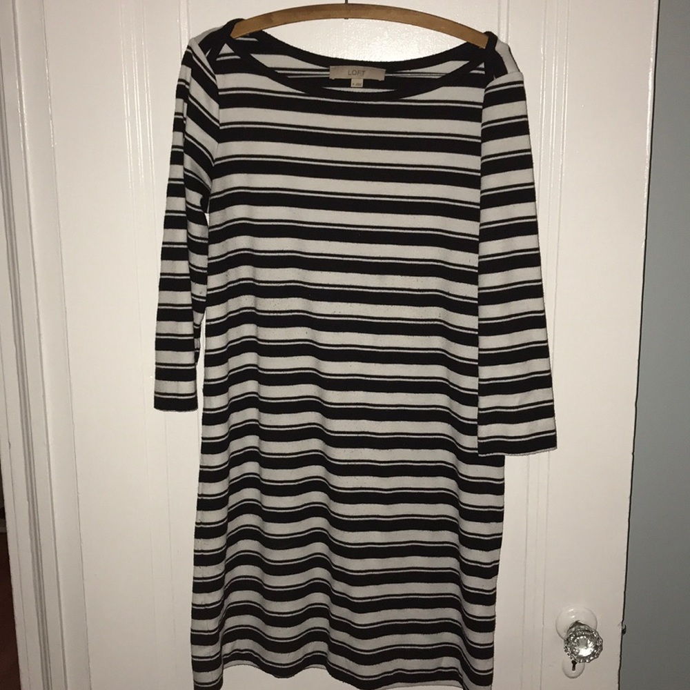 Short Sleeve Aline Striped Below Knee Dress- White/Black Stripe